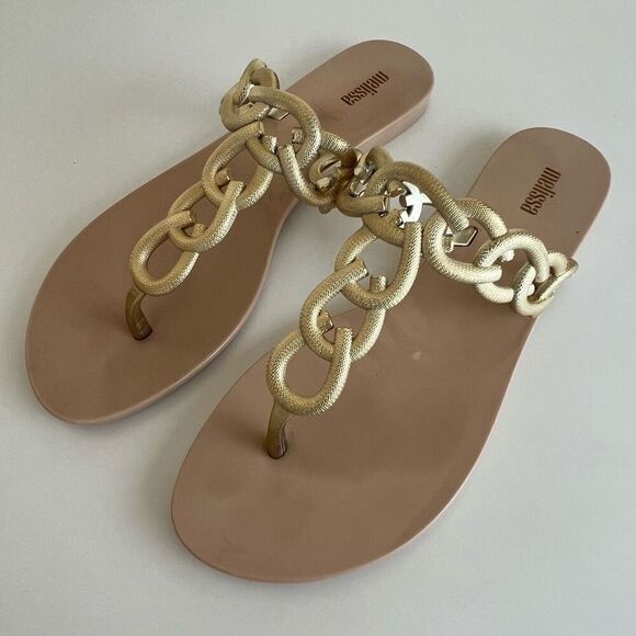 Melissa Success Chain Link Thong Sandals Womens 8 Gold Jelly Shoes Dressy Comfy - Picture 3 of 10